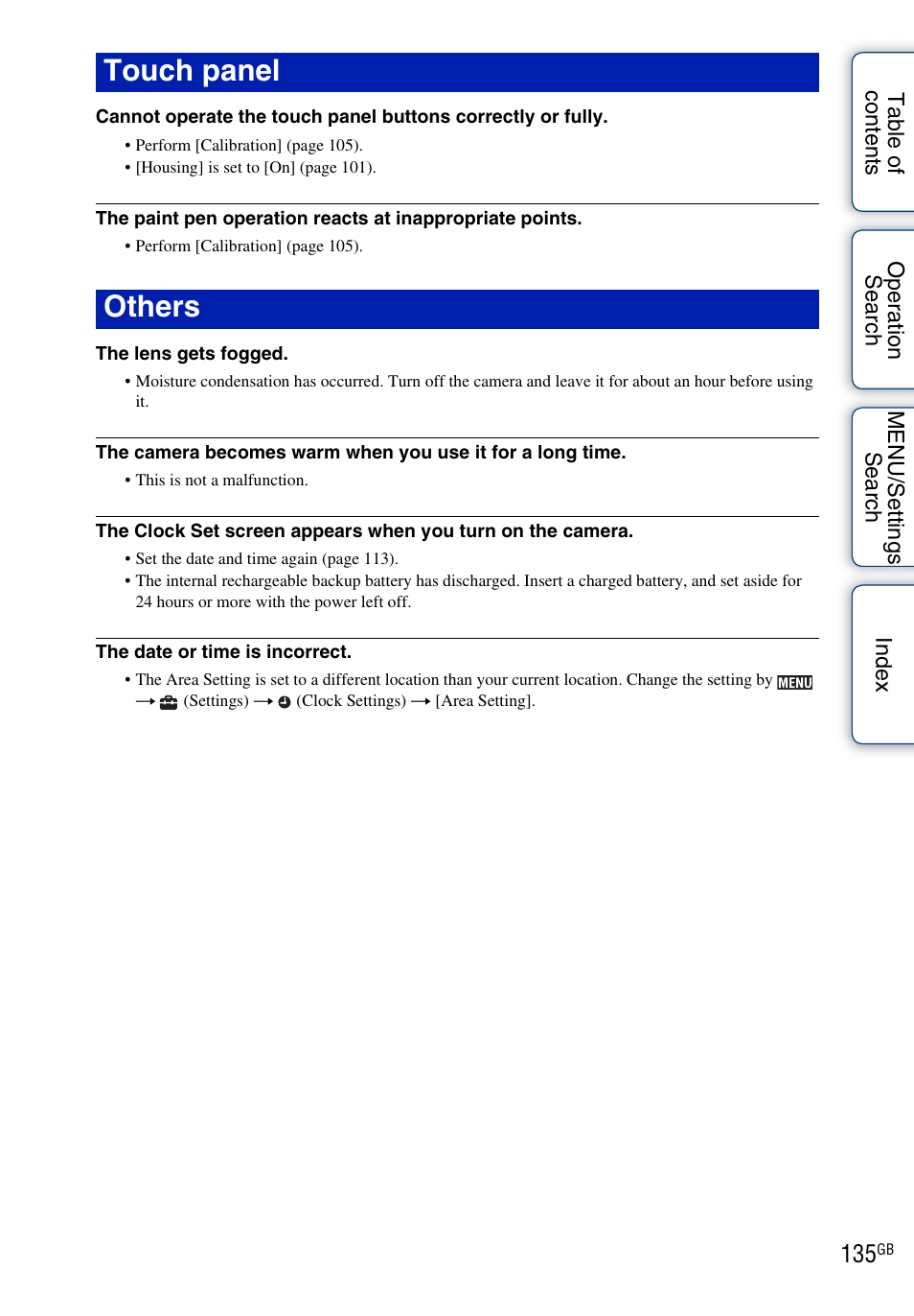 O 135, Touch panel others | Sony DSC-TX1 User Manual | Page 135 / 150