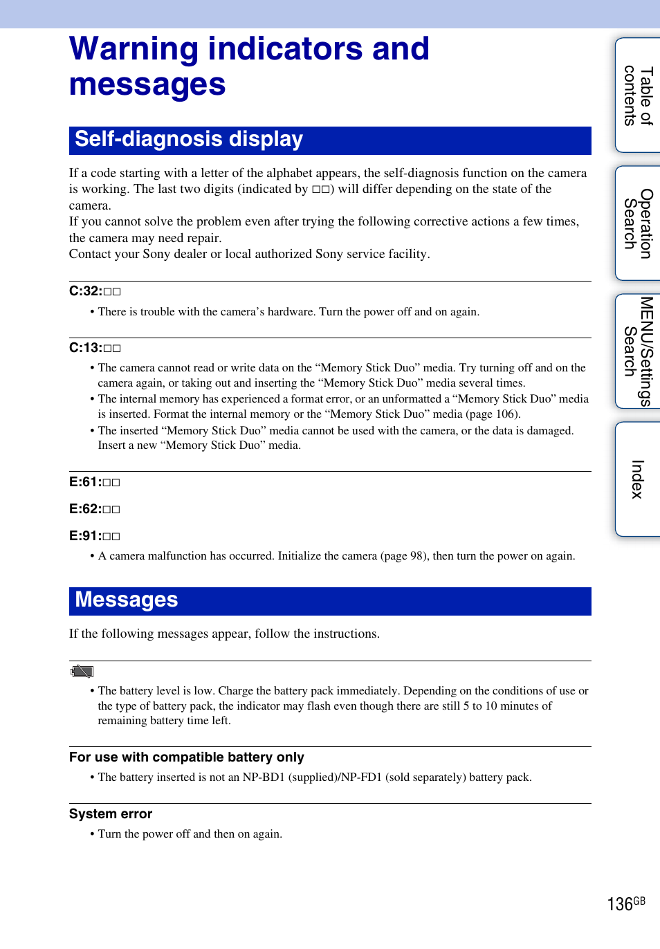 Warning indicators and messages, Self-diagnosis display messages | Sony DSC-TX1 User Manual | Page 136 / 150
