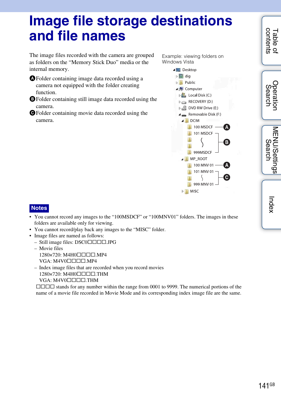Image file storage destinations and file names | Sony DSC-TX1 User Manual | Page 141 / 150