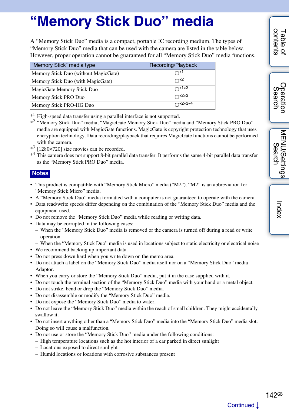 Memory stick duo” media | Sony DSC-TX1 User Manual | Page 142 / 150