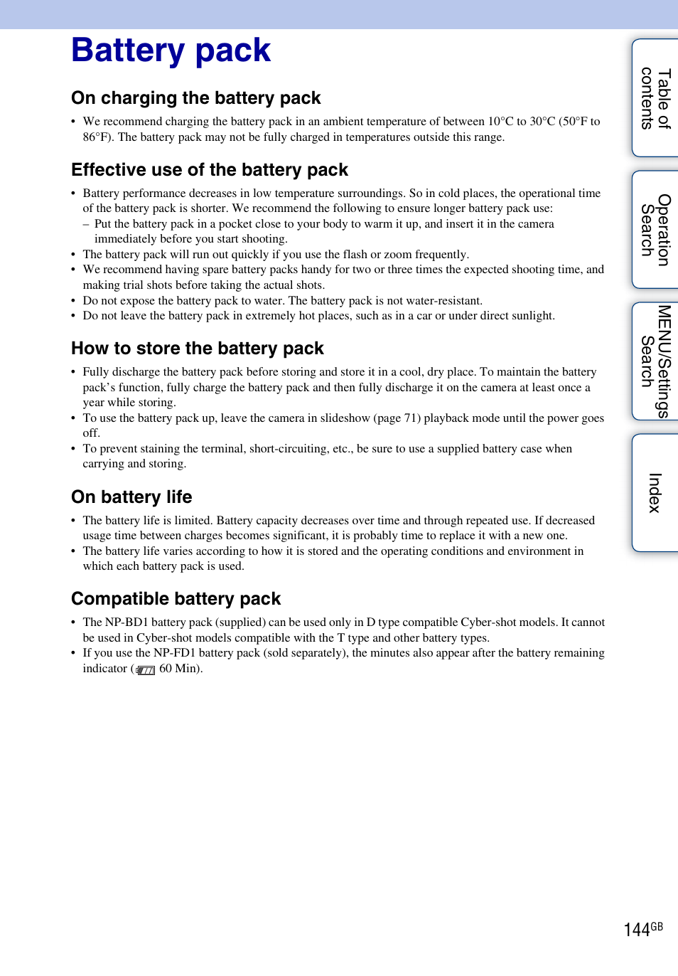 Battery pack, On charging the battery pack, Effective use of the battery pack | How to store the battery pack, On battery life, Compatible battery pack | Sony DSC-TX1 User Manual | Page 144 / 150