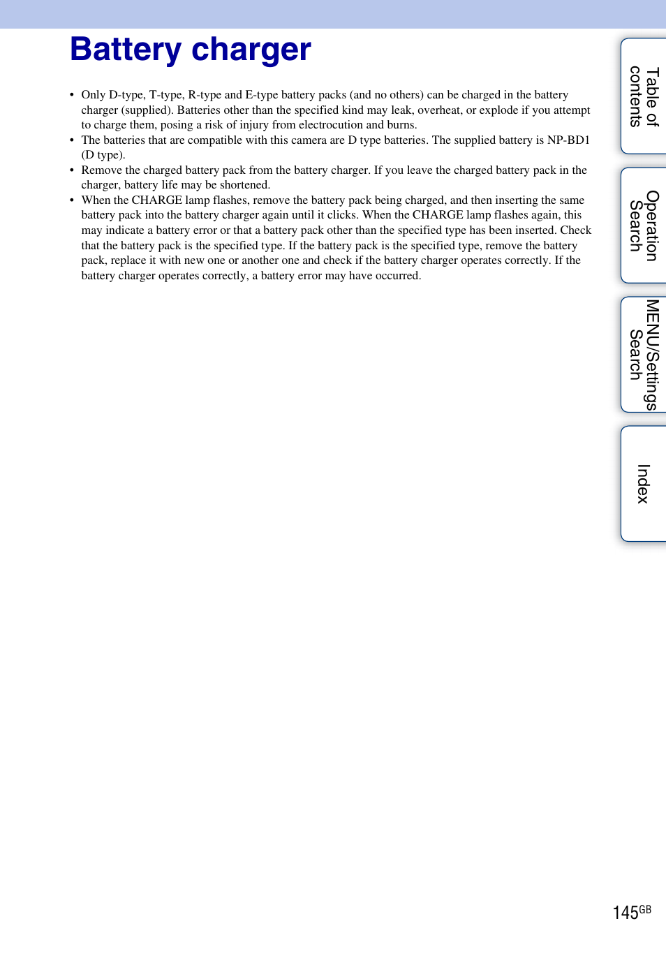 Battery charger | Sony DSC-TX1 User Manual | Page 145 / 150