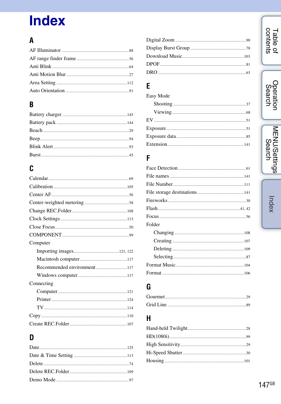 Index, De x | Sony DSC-TX1 User Manual | Page 147 / 150