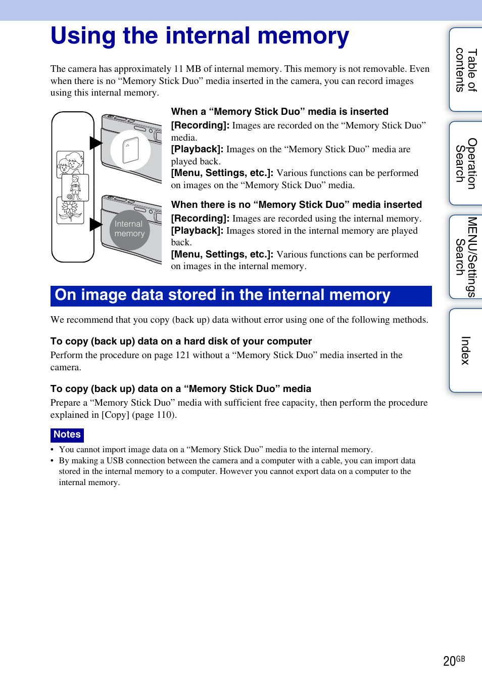 Using the internal memory | Sony DSC-TX1 User Manual | Page 20 / 150