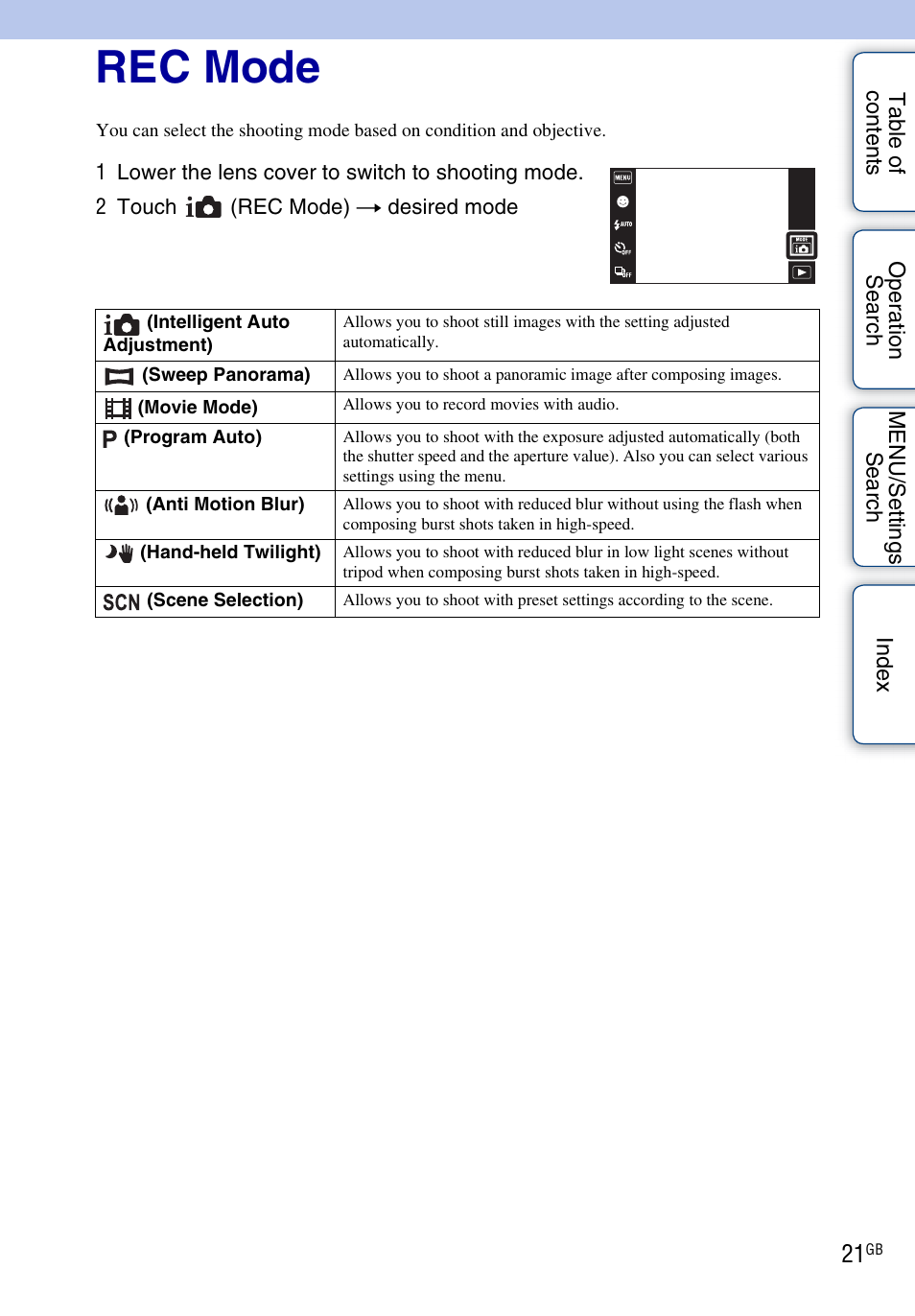 Rec mode | Sony DSC-TX1 User Manual | Page 21 / 150