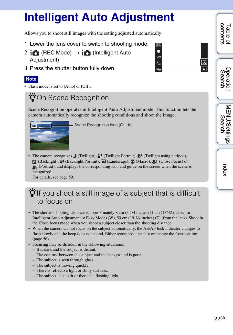 Intelligent auto adjustment, On scene recognition | Sony DSC-TX1 User Manual | Page 22 / 150