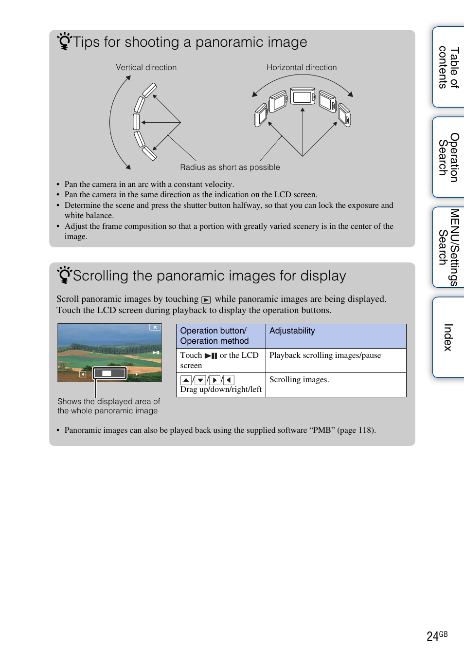 Tips for shooting a panoramic image, Scrolling the panoramic images for display | Sony DSC-TX1 User Manual | Page 24 / 150
