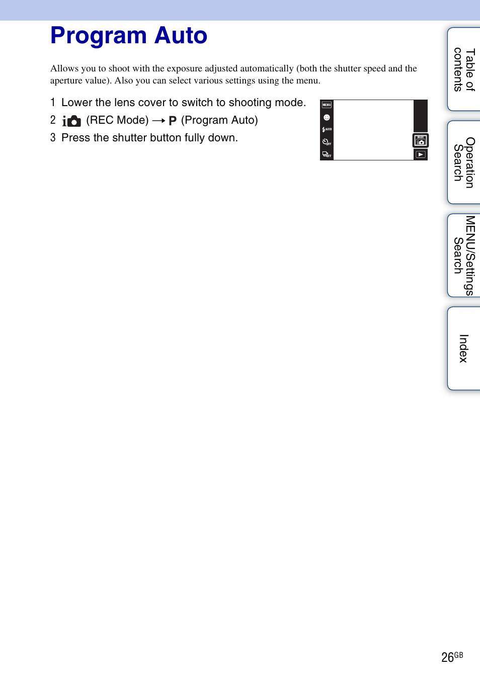 Program auto | Sony DSC-TX1 User Manual | Page 26 / 150