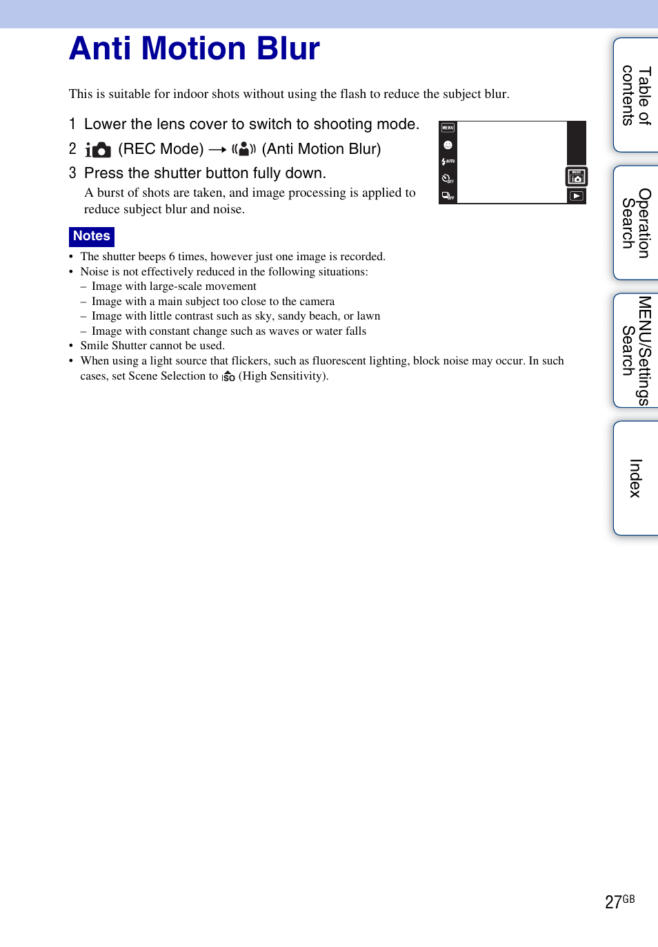 Anti motion blur | Sony DSC-TX1 User Manual | Page 27 / 150