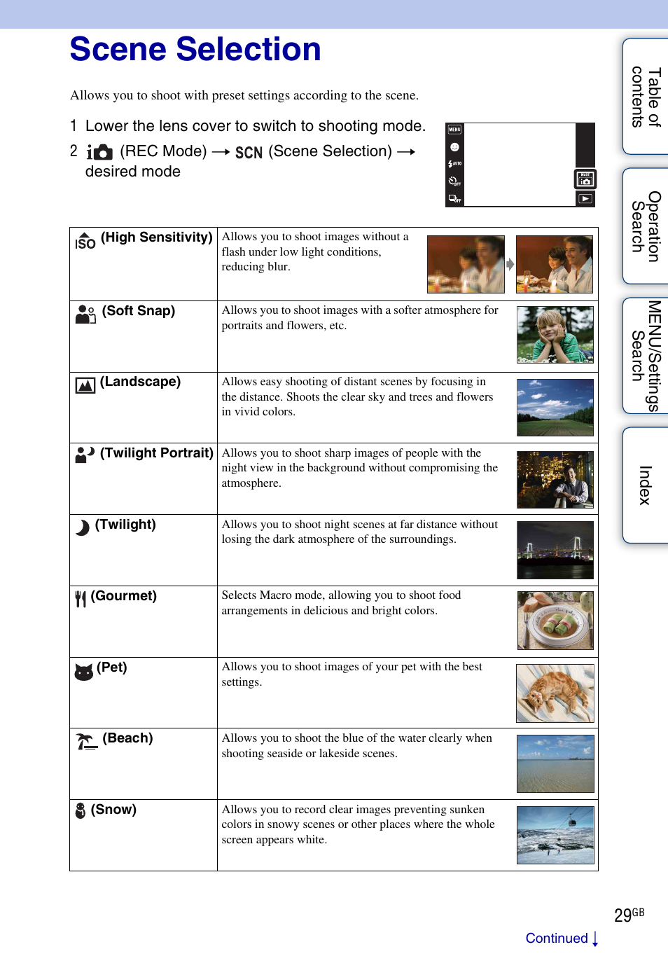 Scene selection | Sony DSC-TX1 User Manual | Page 29 / 150