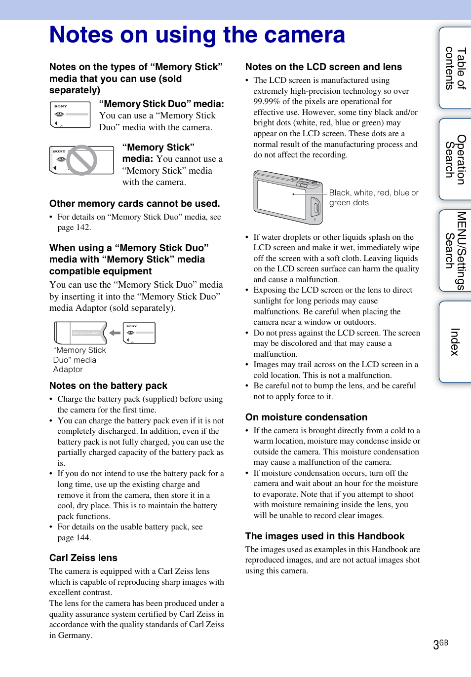 Notes on using the camera | Sony DSC-TX1 User Manual | Page 3 / 150