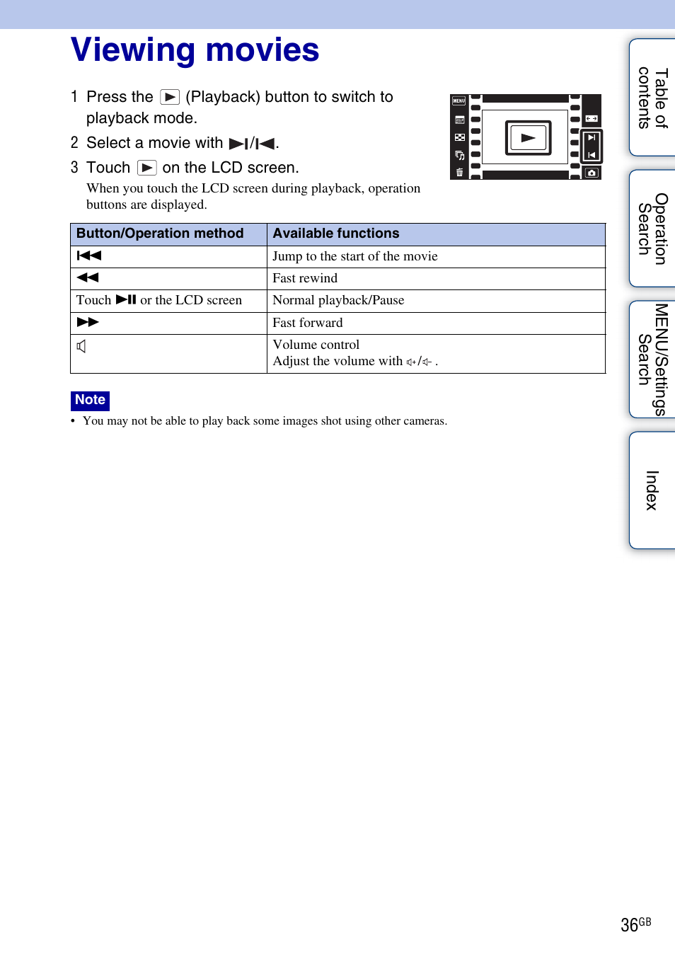 Viewing movies | Sony DSC-TX1 User Manual | Page 36 / 150