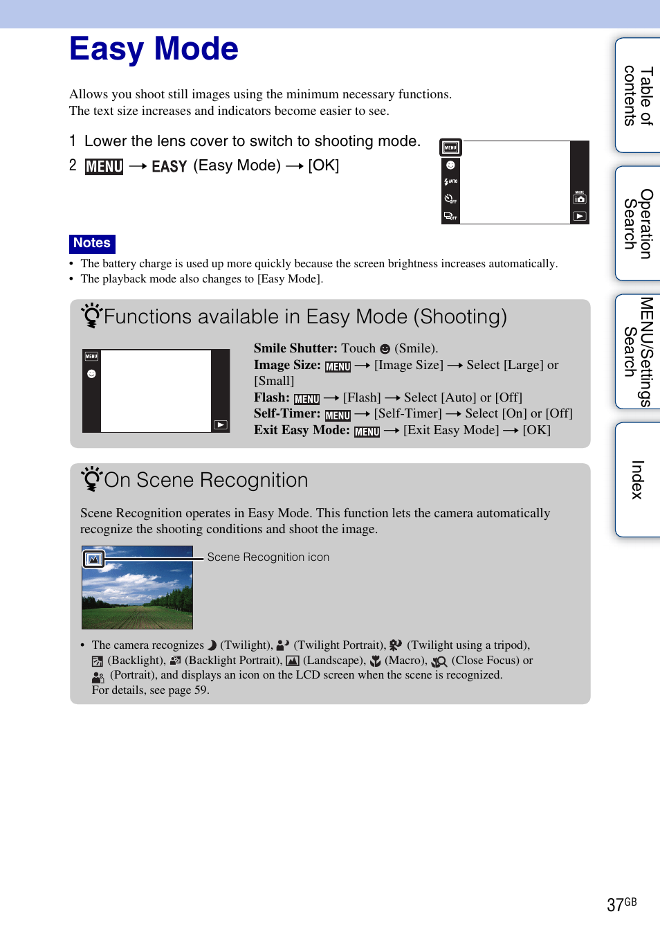 Easy mode, Functions available in easy mode (shooting), On scene recognition | Sony DSC-TX1 User Manual | Page 37 / 150