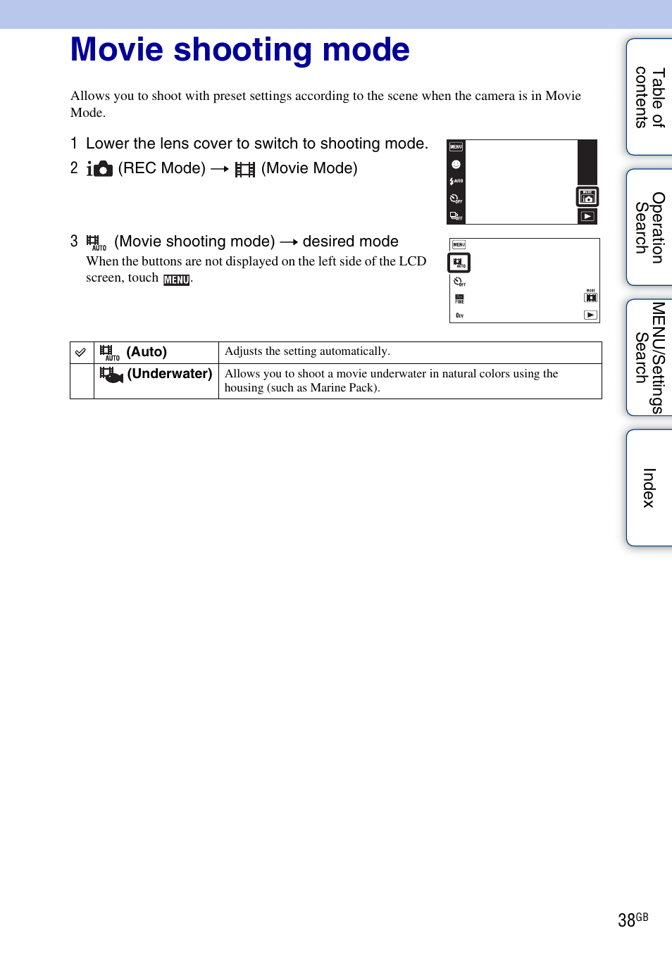 Movie shooting mode | Sony DSC-TX1 User Manual | Page 38 / 150