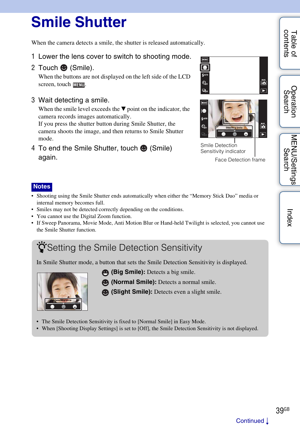 Smile shutter, Setting the smile detection sensitivity | Sony DSC-TX1 User Manual | Page 39 / 150