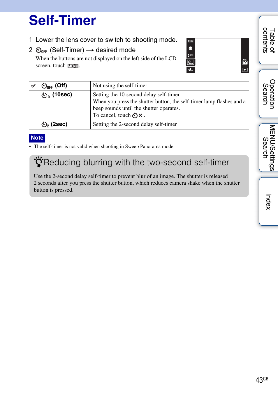 Self-timer, Reducing blurring with the two-second self-timer | Sony DSC-TX1 User Manual | Page 43 / 150