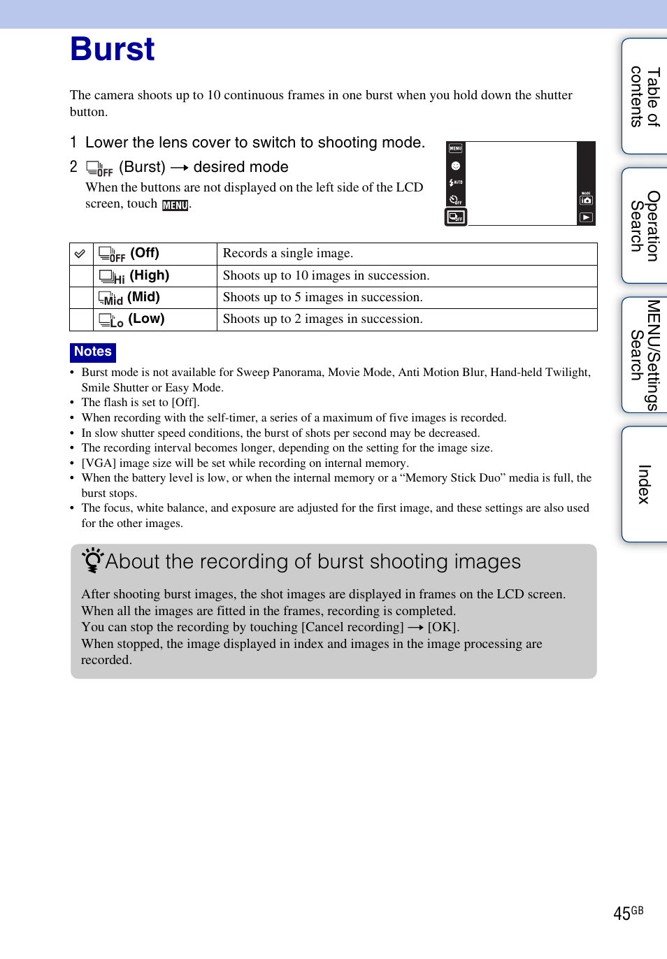 Burst, About the recording of burst shooting images | Sony DSC-TX1 User Manual | Page 45 / 150