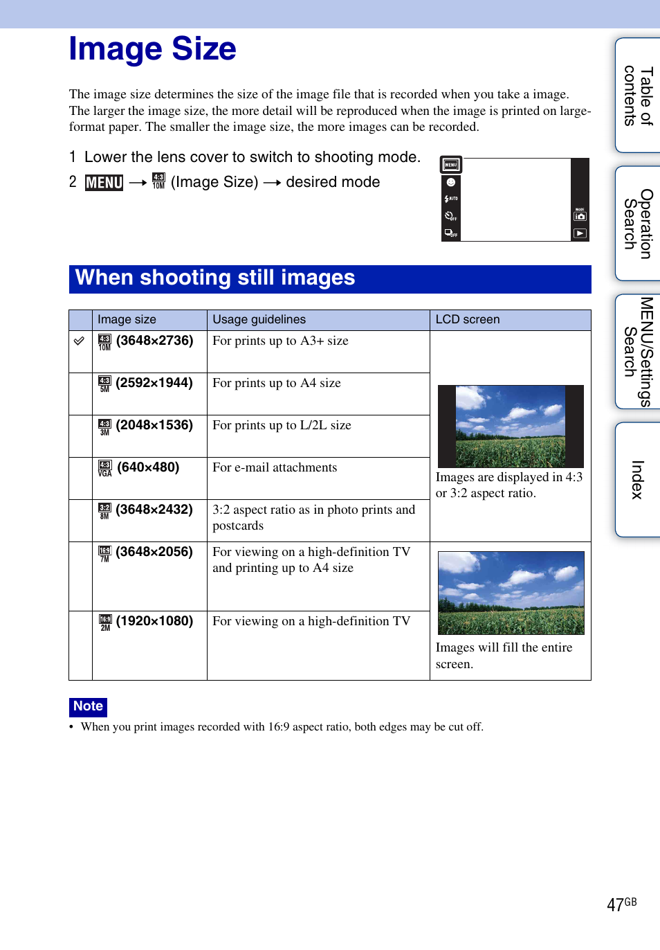 Image size, When shooting still images | Sony DSC-TX1 User Manual | Page 47 / 150