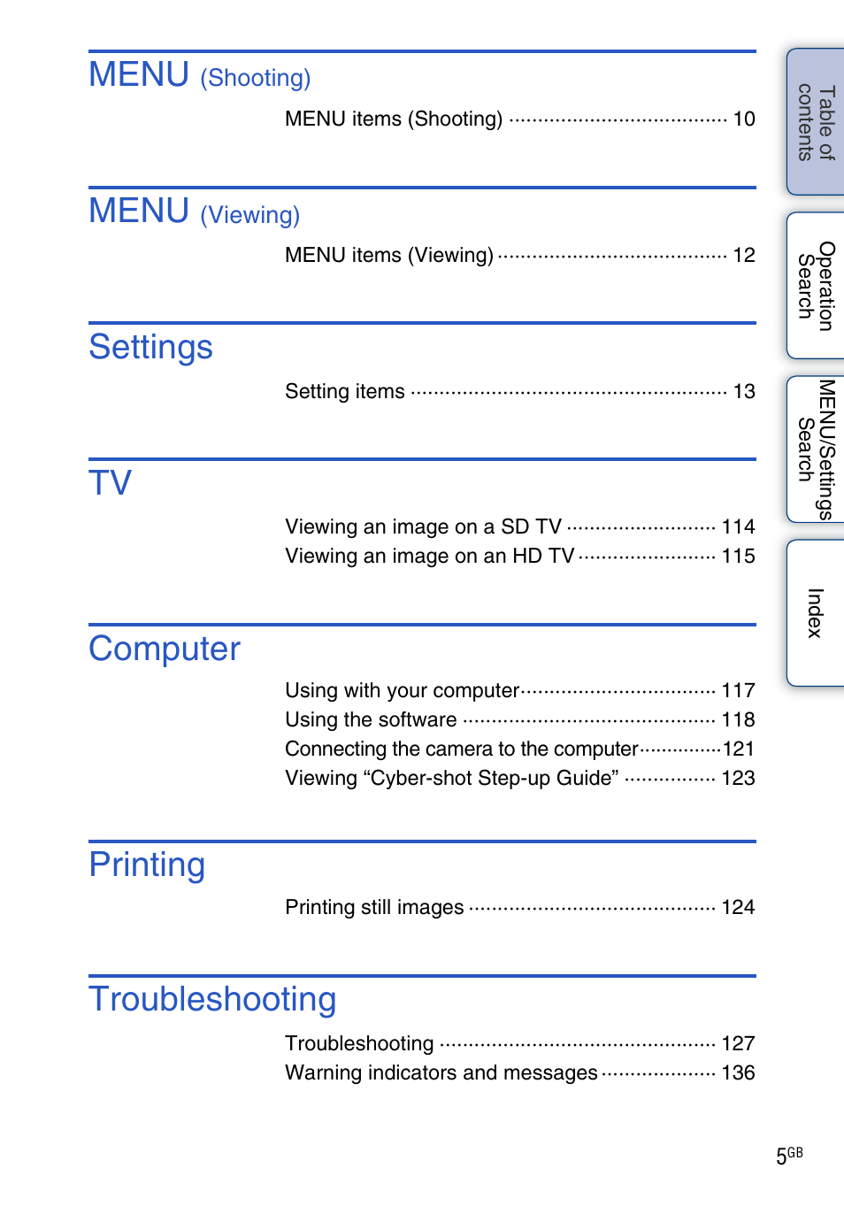 Menu, Settings, Computer | Printing, Troubleshooting | Sony DSC-TX1 User Manual | Page 5 / 150