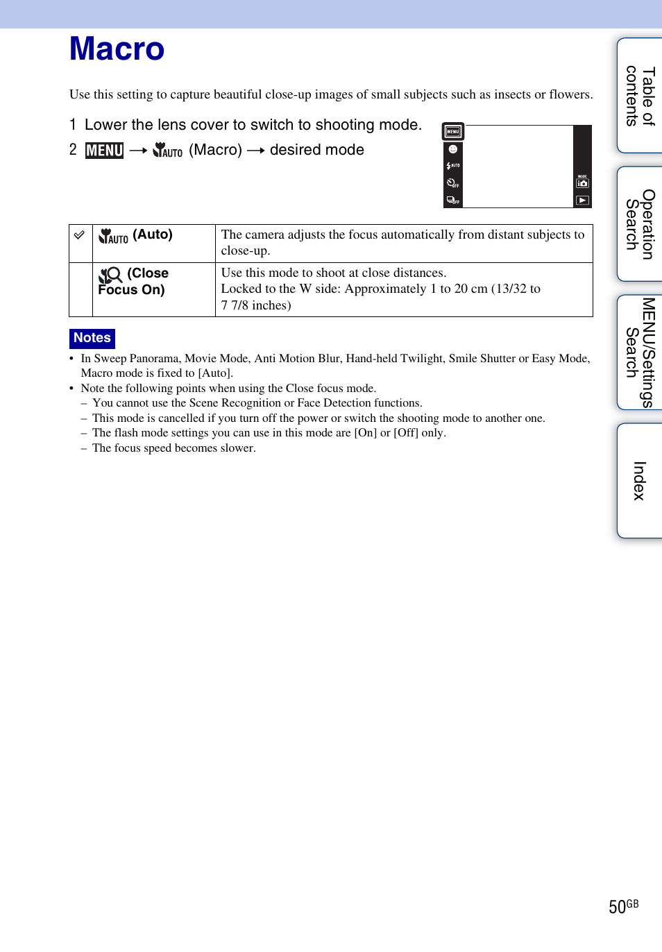 Macro | Sony DSC-TX1 User Manual | Page 50 / 150