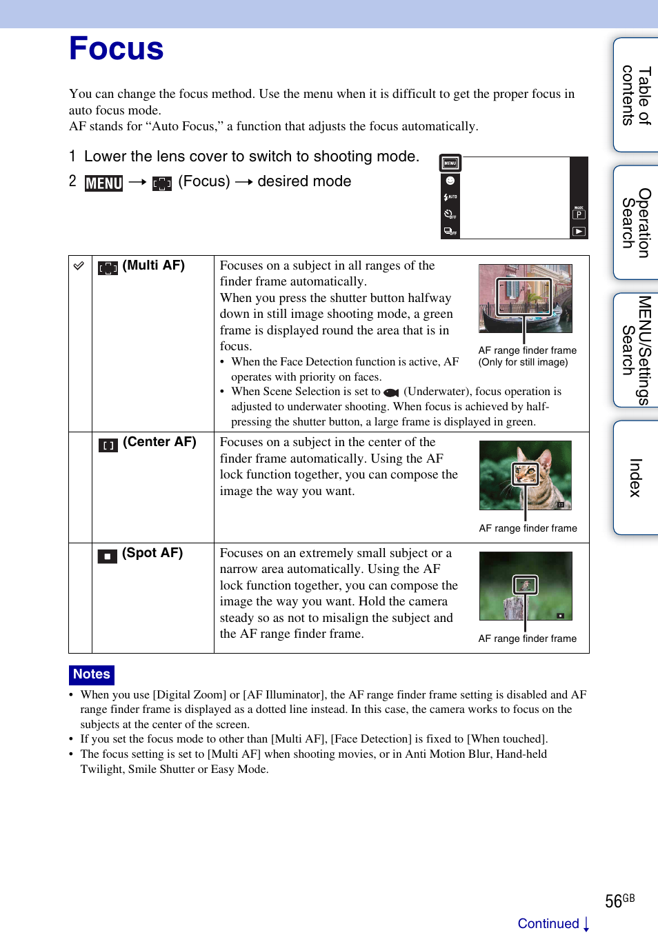 Focus | Sony DSC-TX1 User Manual | Page 56 / 150