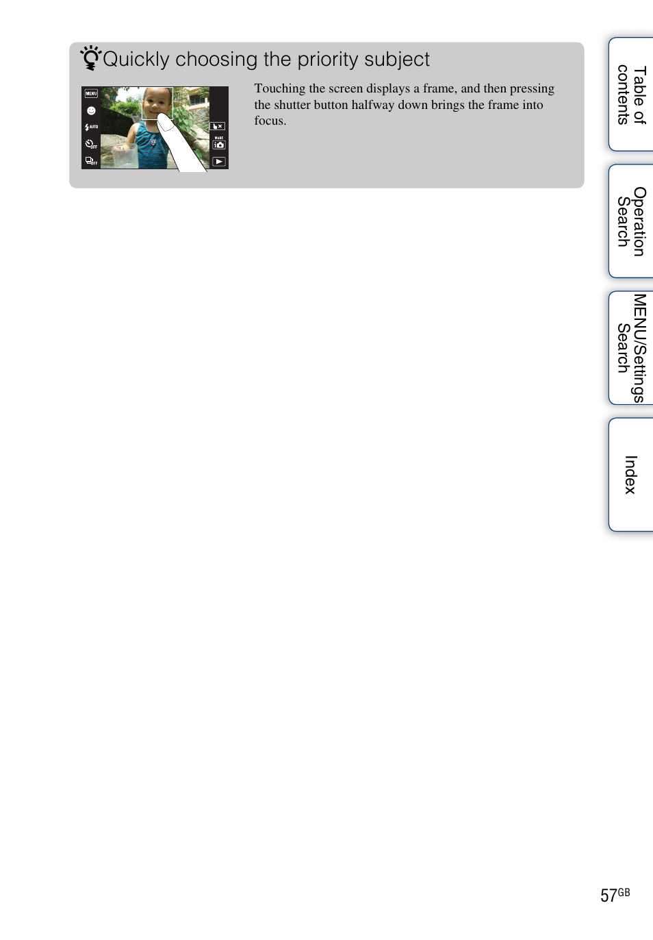 Quickly choosing the priority subject | Sony DSC-TX1 User Manual | Page 57 / 150