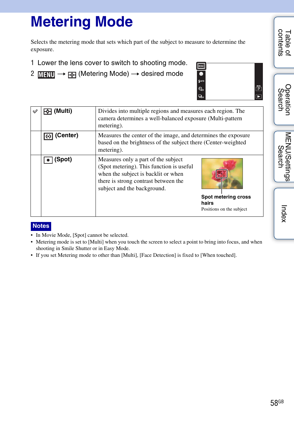 Metering mode | Sony DSC-TX1 User Manual | Page 58 / 150