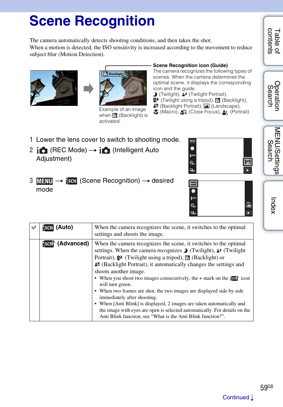 Scene recognition | Sony DSC-TX1 User Manual | Page 59 / 150