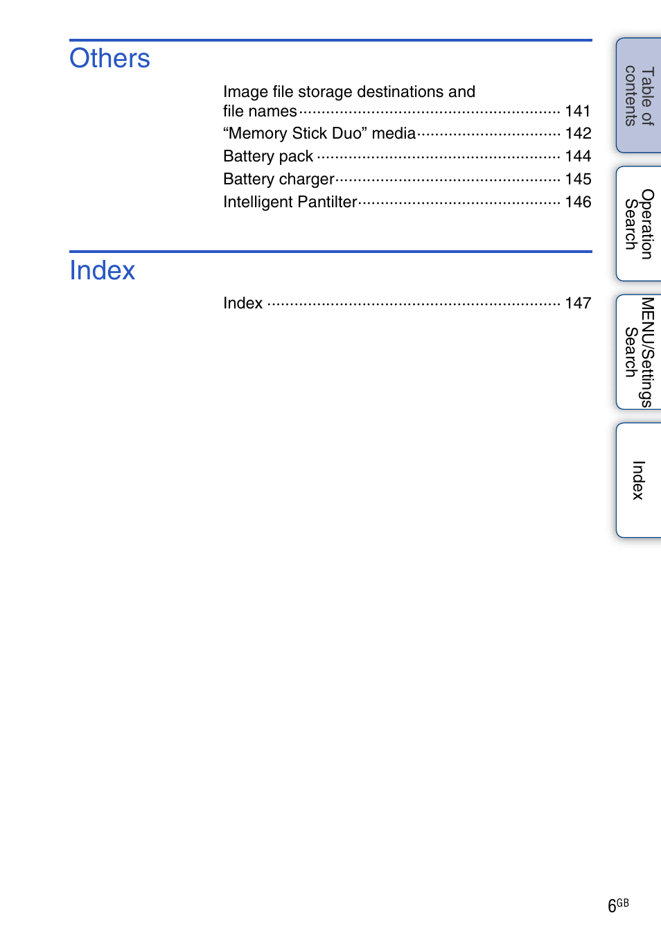 Others, Index | Sony DSC-TX1 User Manual | Page 6 / 150