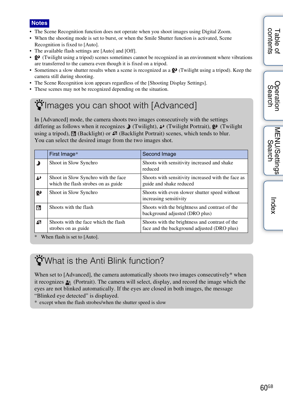 What is the anti blink function, Images you can shoot with [advanced | Sony DSC-TX1 User Manual | Page 60 / 150