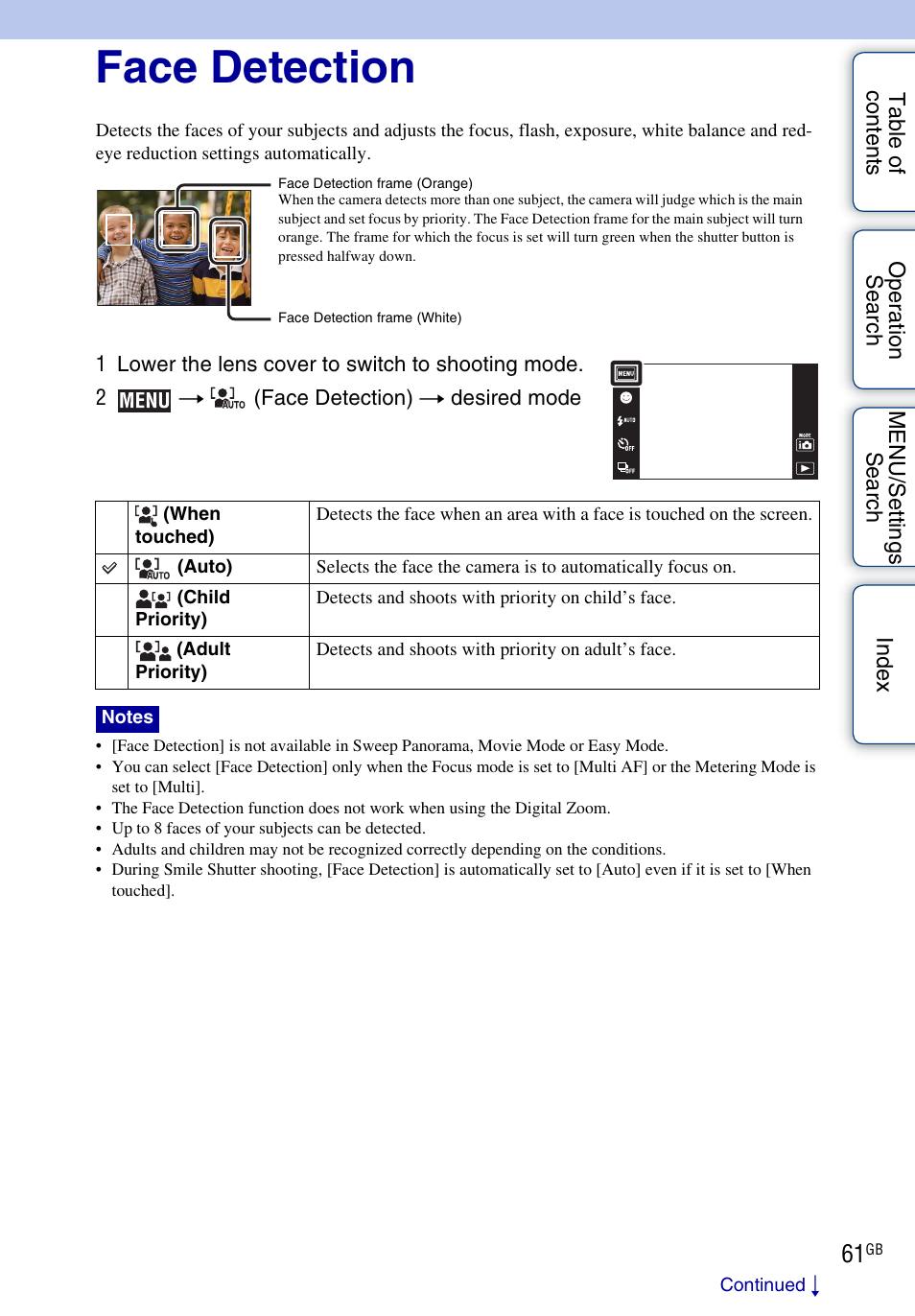 Face detection | Sony DSC-TX1 User Manual | Page 61 / 150