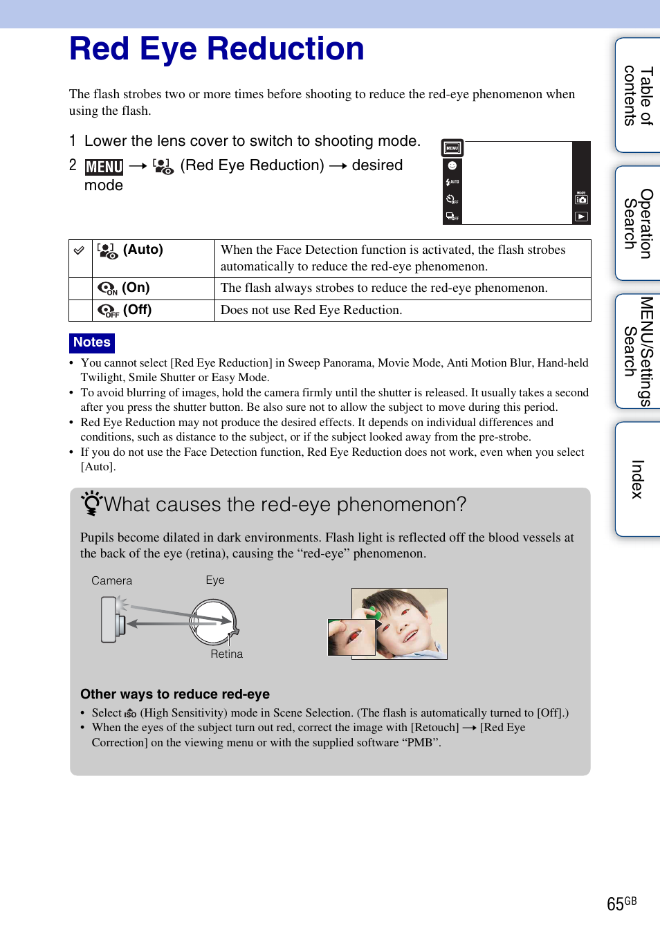 Red eye reduction, What causes the red-eye phenomenon | Sony DSC-TX1 User Manual | Page 65 / 150