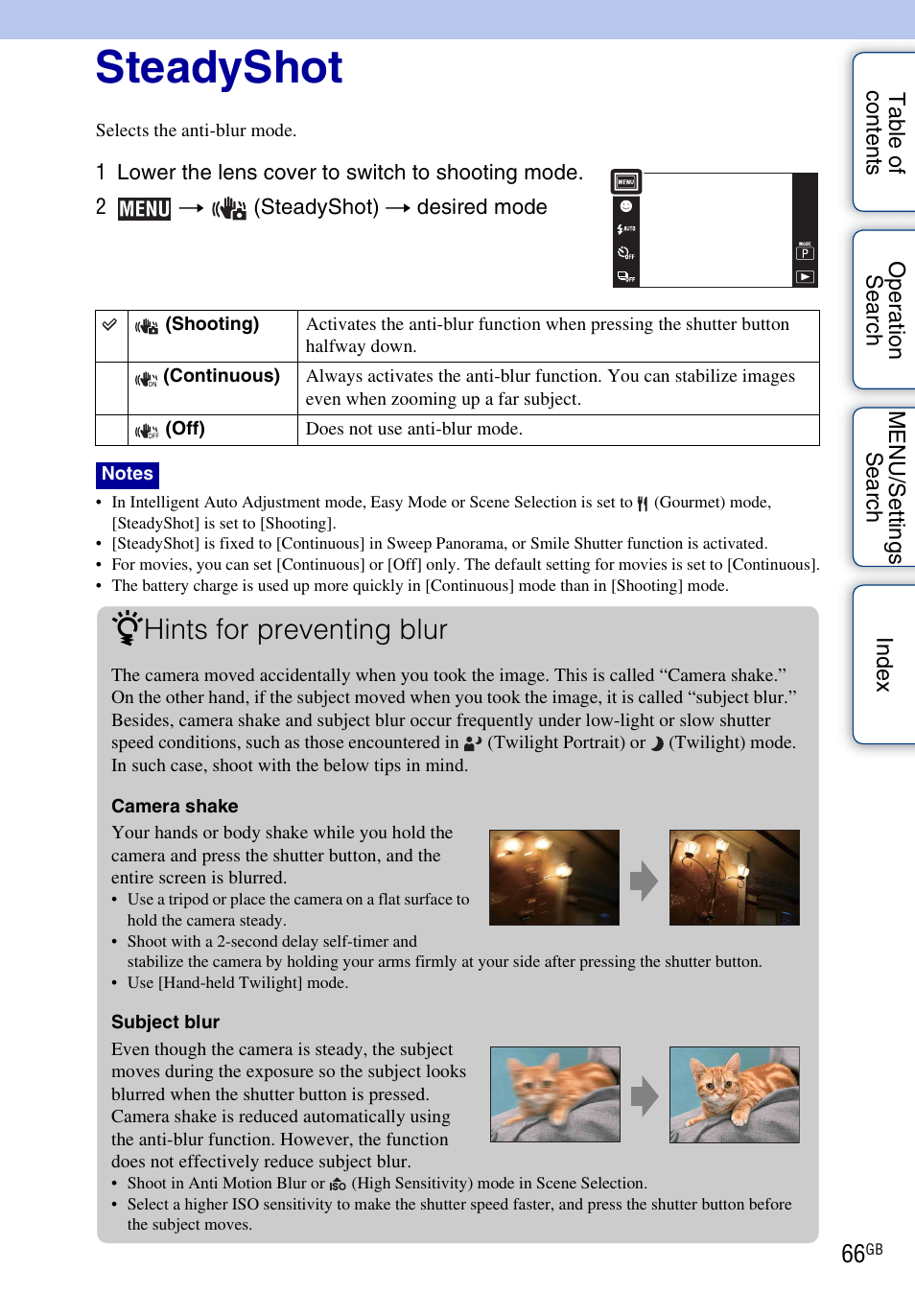 Steadyshot, Hints for preventing blur | Sony DSC-TX1 User Manual | Page 66 / 150