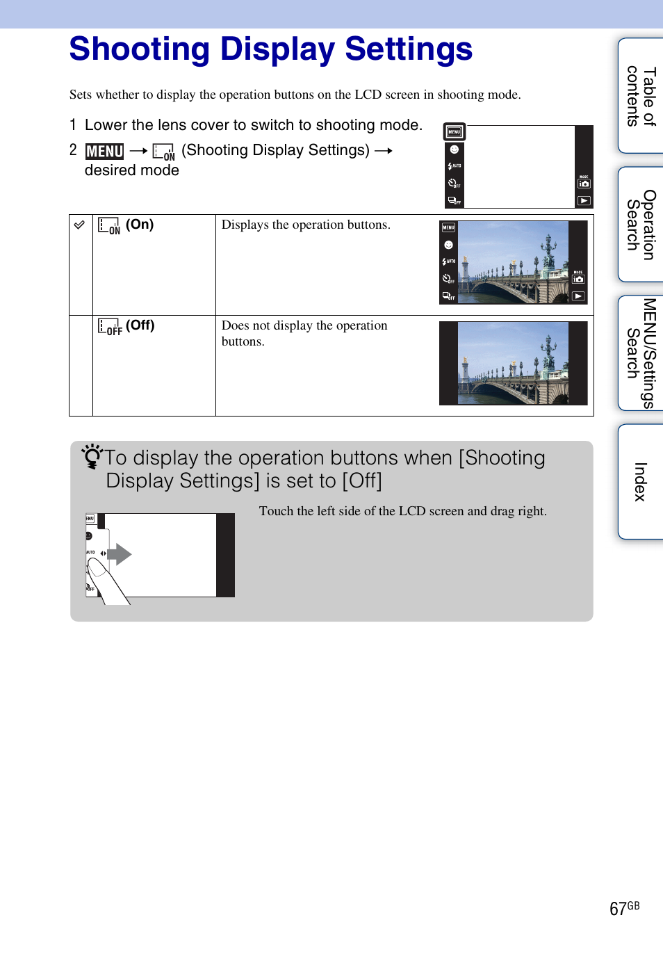 Shooting display settings | Sony DSC-TX1 User Manual | Page 67 / 150