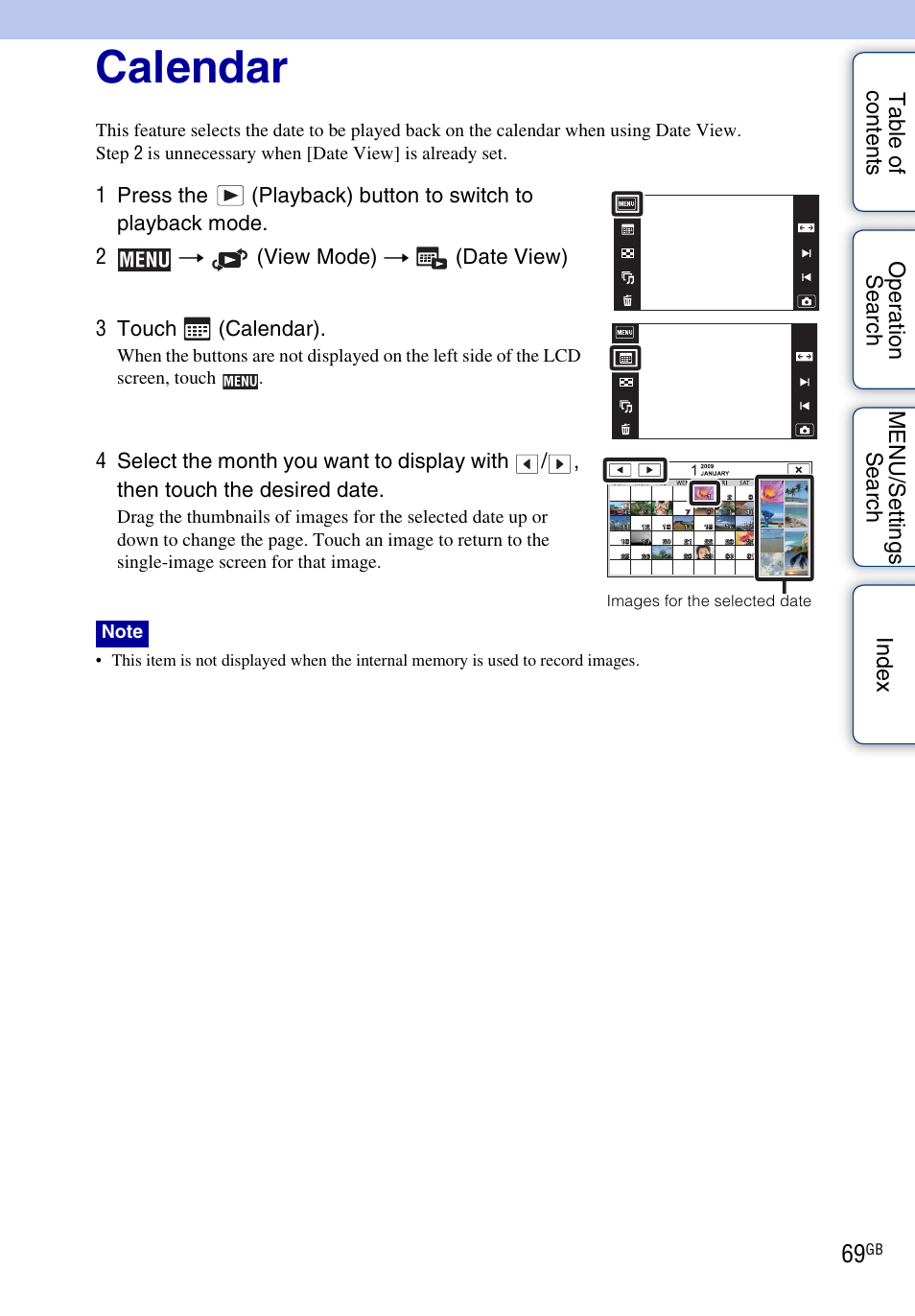 Calendar, Calendar) | Sony DSC-TX1 User Manual | Page 69 / 150