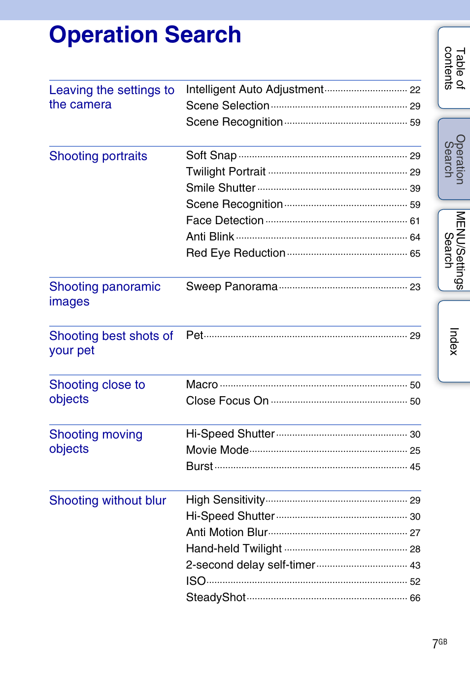 Operation search, Perat, Earc | Sony DSC-TX1 User Manual | Page 7 / 150
