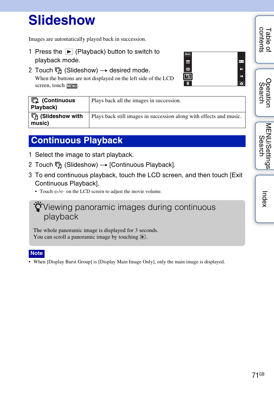 Slideshow, Continuous playback | Sony DSC-TX1 User Manual | Page 71 / 150