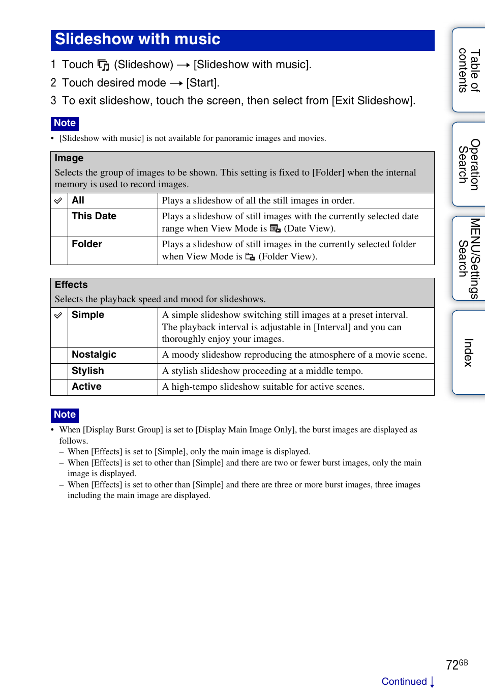 Slideshow with music | Sony DSC-TX1 User Manual | Page 72 / 150