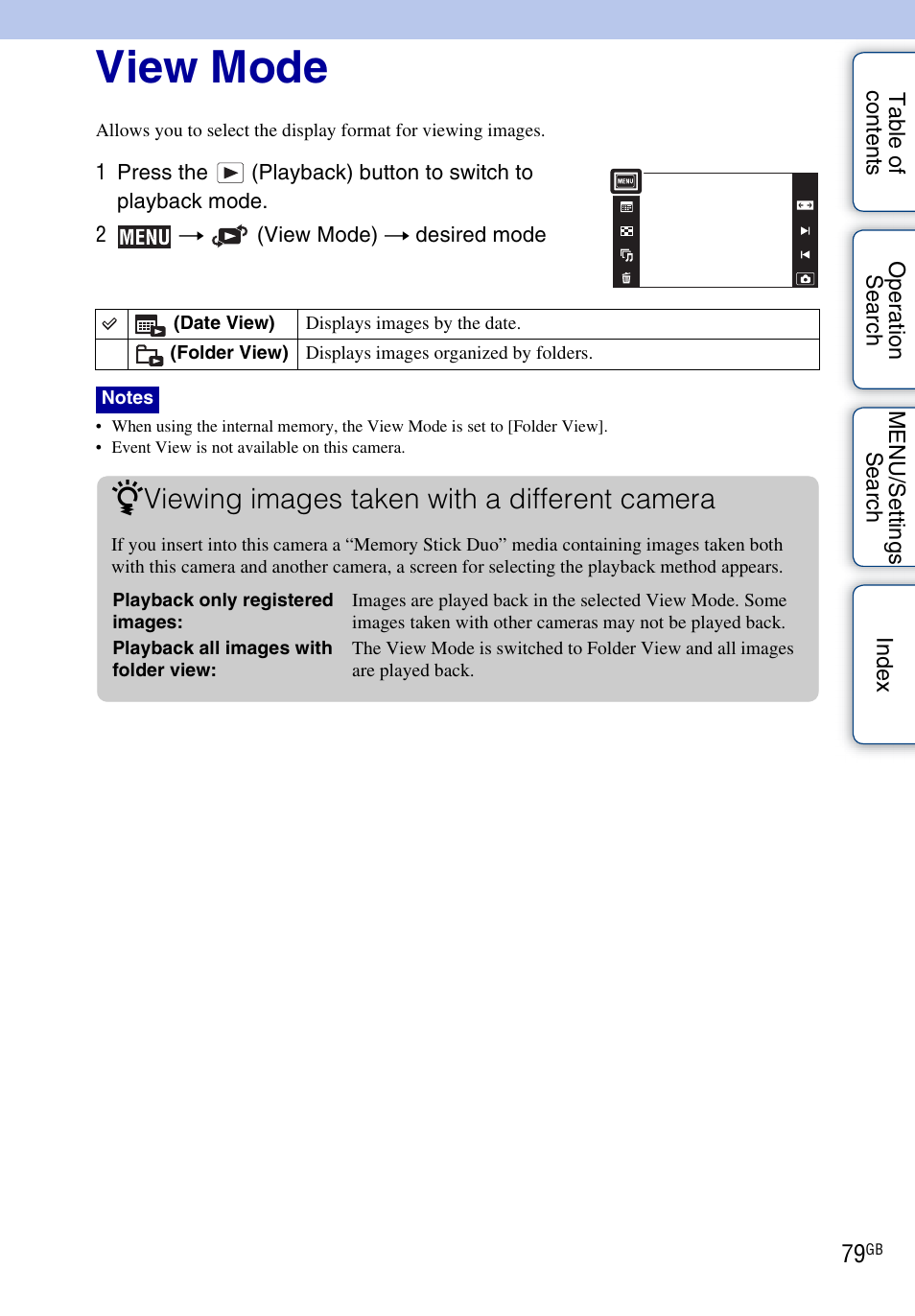 View mode, Viewing images taken with a different camera | Sony DSC-TX1 User Manual | Page 79 / 150