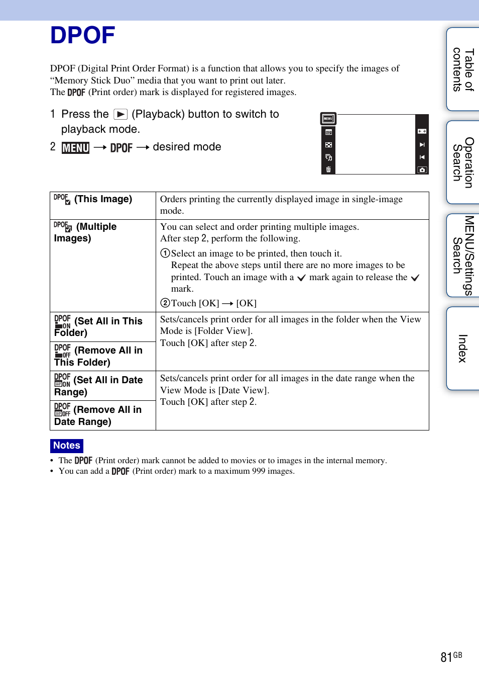 Dpof | Sony DSC-TX1 User Manual | Page 81 / 150