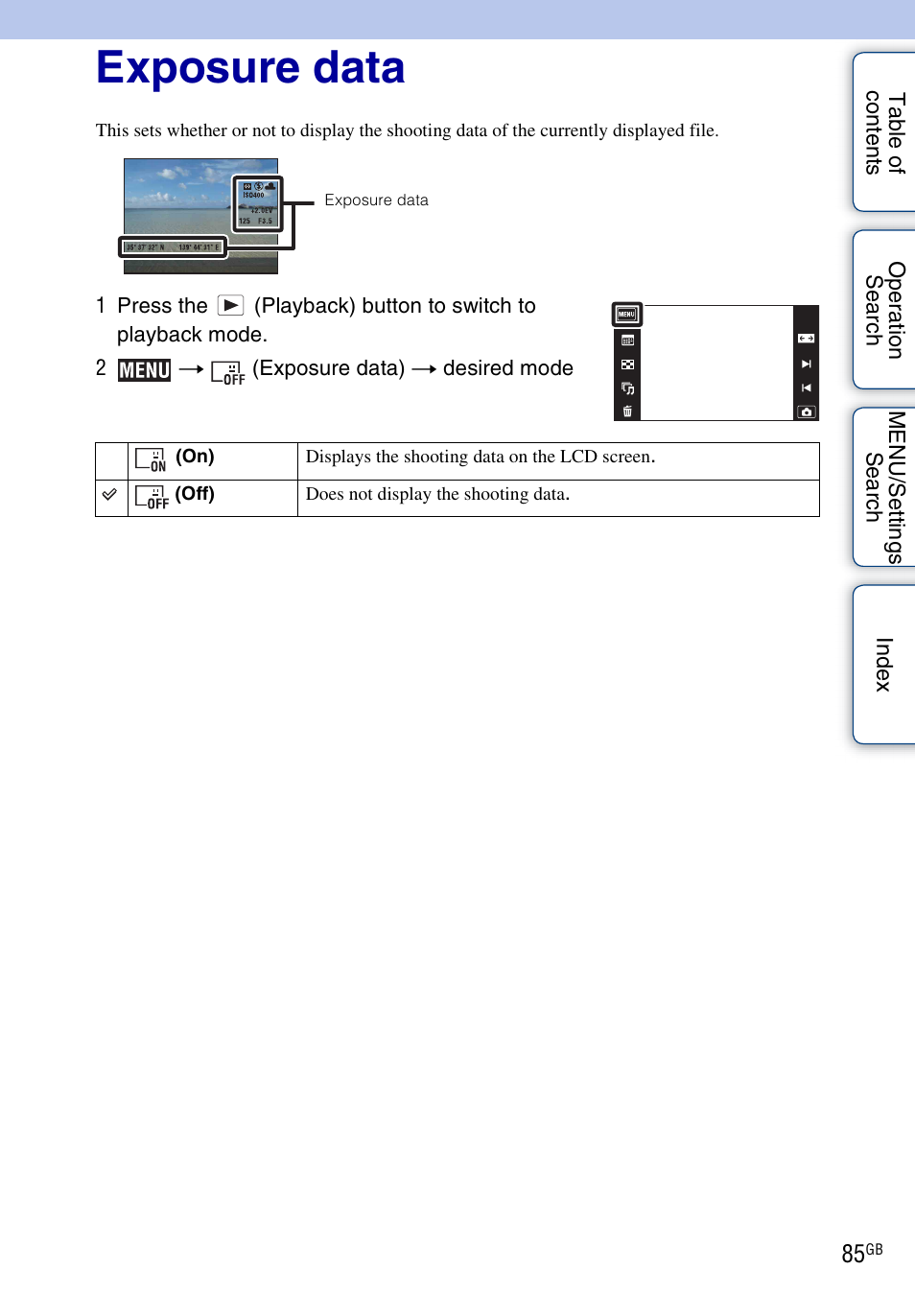 Exposure data | Sony DSC-TX1 User Manual | Page 85 / 150