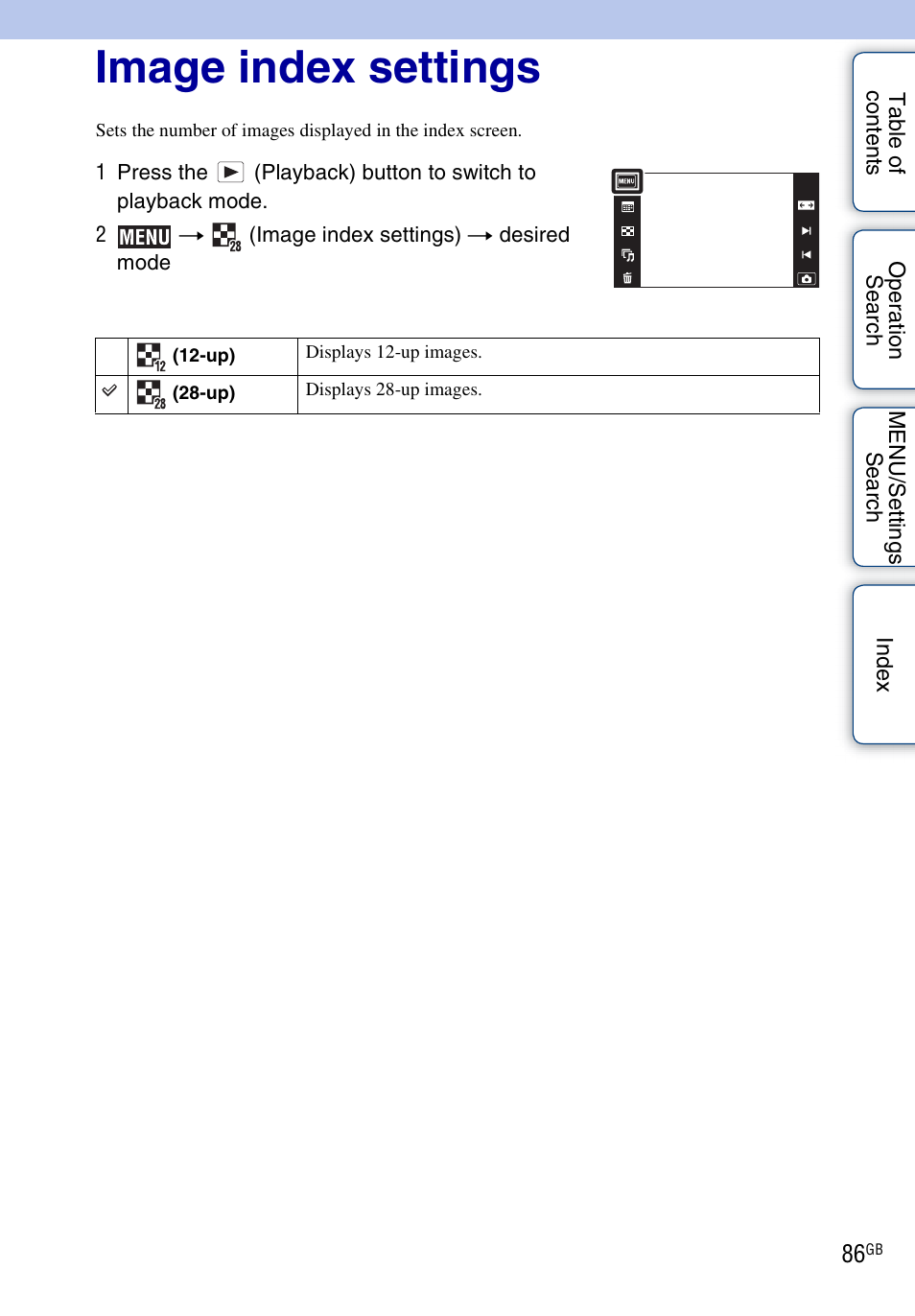 Image index settings, Image index settings) | Sony DSC-TX1 User Manual | Page 86 / 150