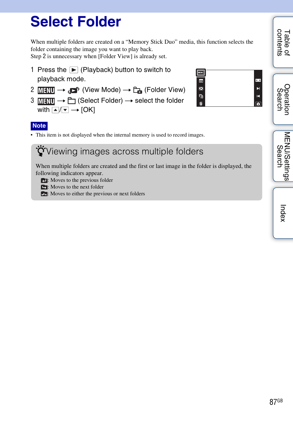 Select folder, Viewing images across multiple folders | Sony DSC-TX1 User Manual | Page 87 / 150