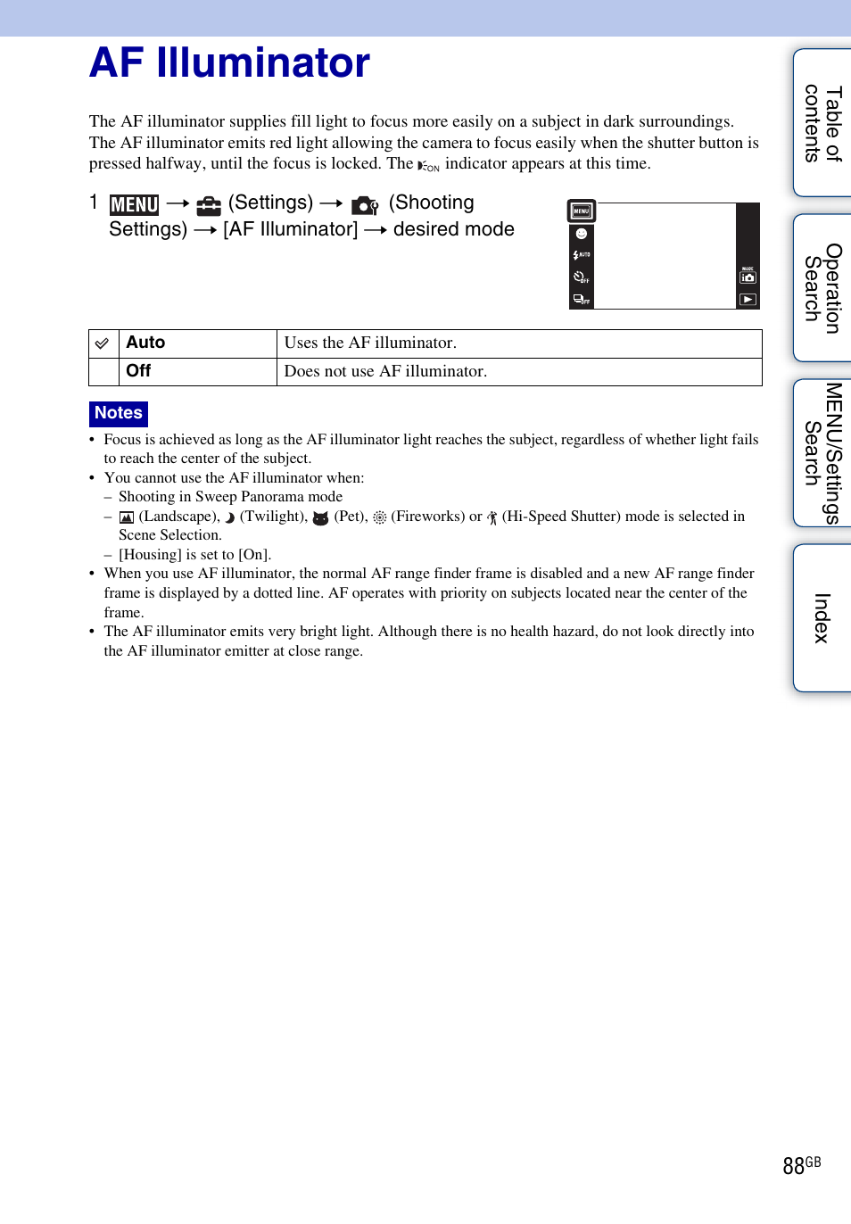 Af illuminator | Sony DSC-TX1 User Manual | Page 88 / 150