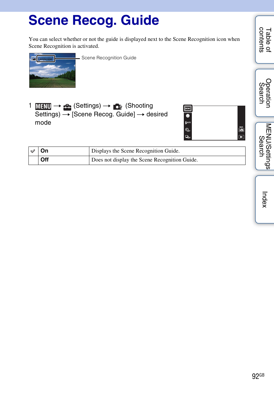 Scene recog. guide | Sony DSC-TX1 User Manual | Page 92 / 150