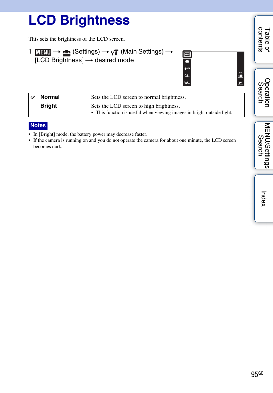 Lcd brightness | Sony DSC-TX1 User Manual | Page 95 / 150