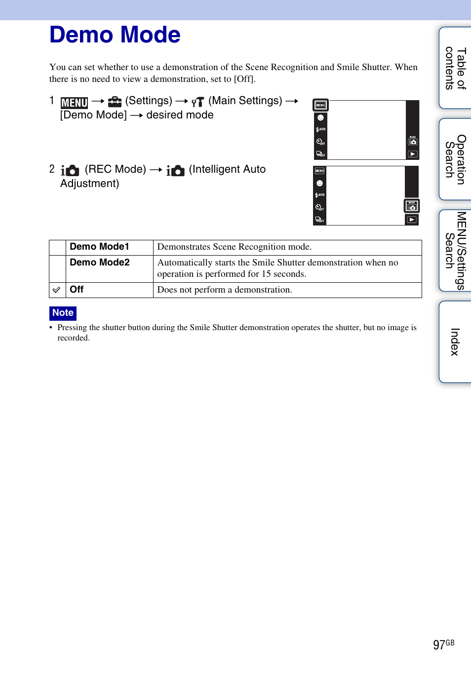 Demo mode | Sony DSC-TX1 User Manual | Page 97 / 150