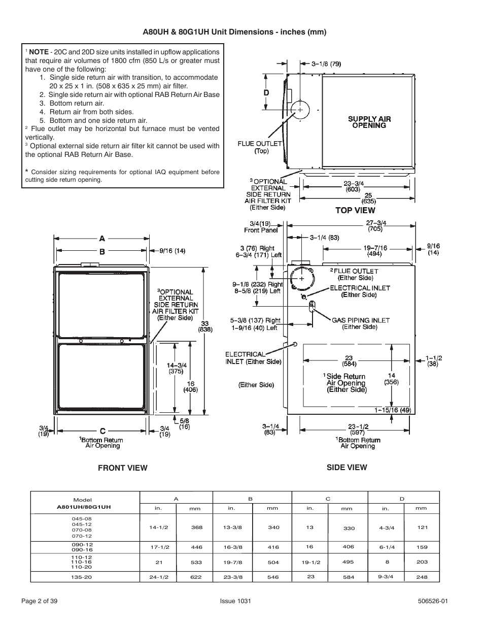 Front view side view | Allied Air Enterprises 80G1UH User Manual | Page 2 / 39