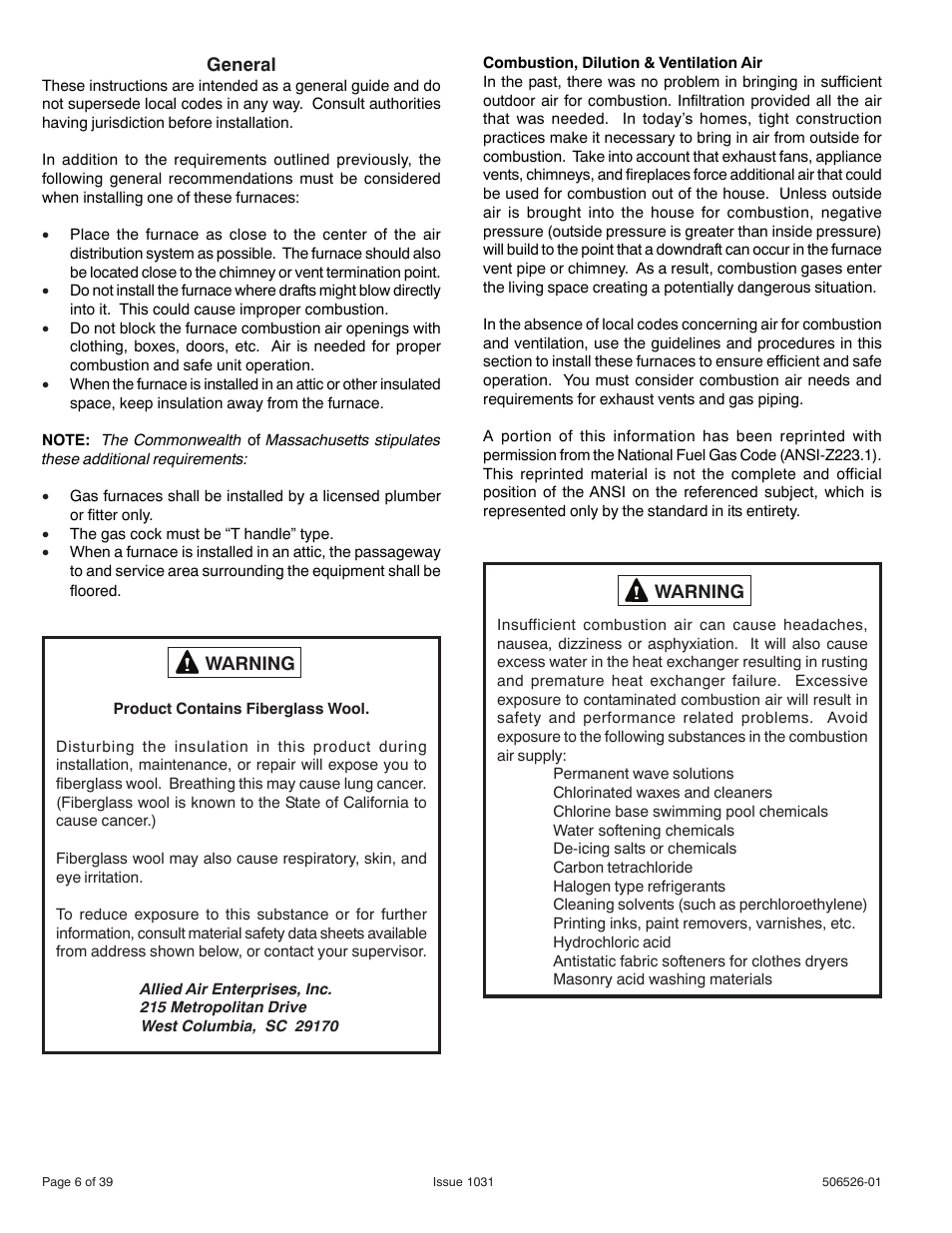Allied Air Enterprises 80G1UH User Manual | Page 6 / 39