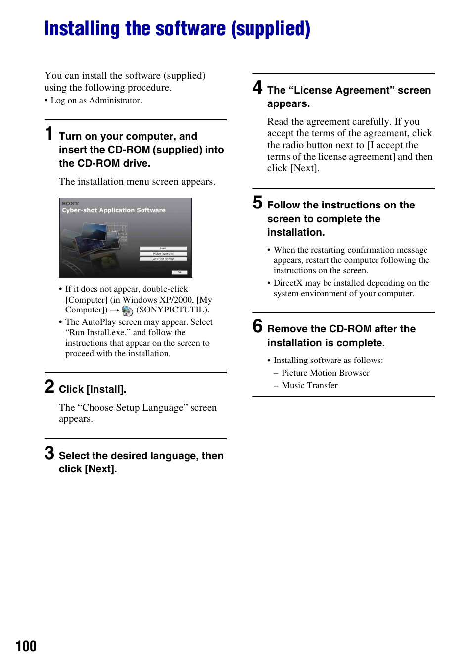 Installing the software (supplied) | Sony DSC-W300 User Manual | Page 100 / 145